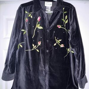 Black Velvet Shirt with Floral Embroidery